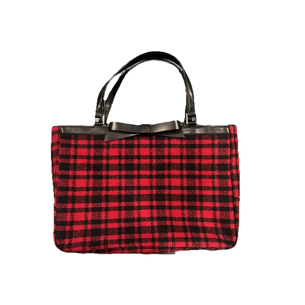 Casual Corner Annex Red Black Plaid Tote Bag Bow Accent Holiday Preppy Handbag